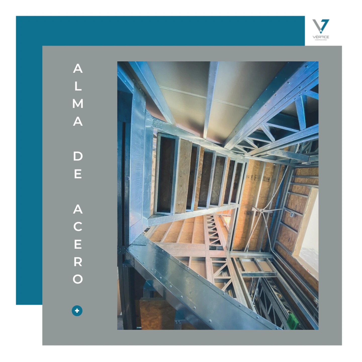 Banner en el que se muestra al centro una foto tomada desde arriba de una estructura de acero de Steel Framing con un texto al costado con la leyenda 'Alama de acero'