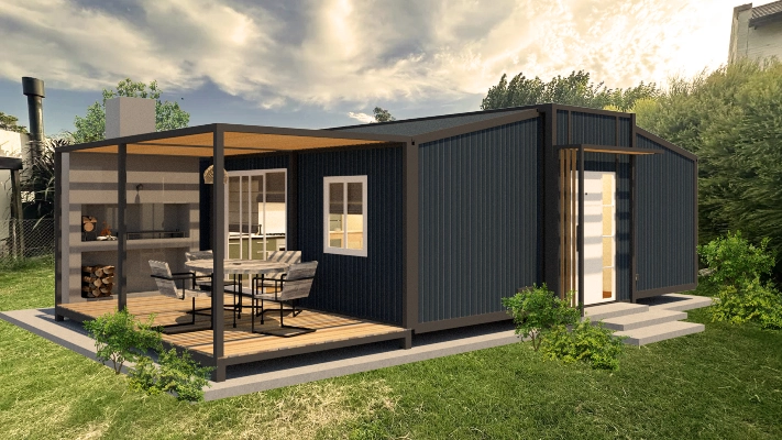 Foto de una casa en Bialet Massé construída con el sistema de Steel Framing por Vértice Construcciones en la que se observa un ángulo de la casa con un acabado símil hormigón visto y una puerta-ventana con aberturas de madera, y un árbol en una esquina de la casa