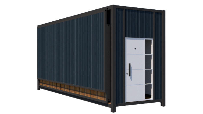 Foto de una casa en Bialet Massé construída con el sistema de Steel Framing por Vértice Construcciones en la que se observa en primer plano el ingreso principal de la casa con la puerta principal de madera lisa, detrás de la cual hay una ventana alargada con abertura de madera; el piso es de hormigón alisado color gris plomo, el techo de madera y hay varias macetas de hormigón con plantas de clima seco